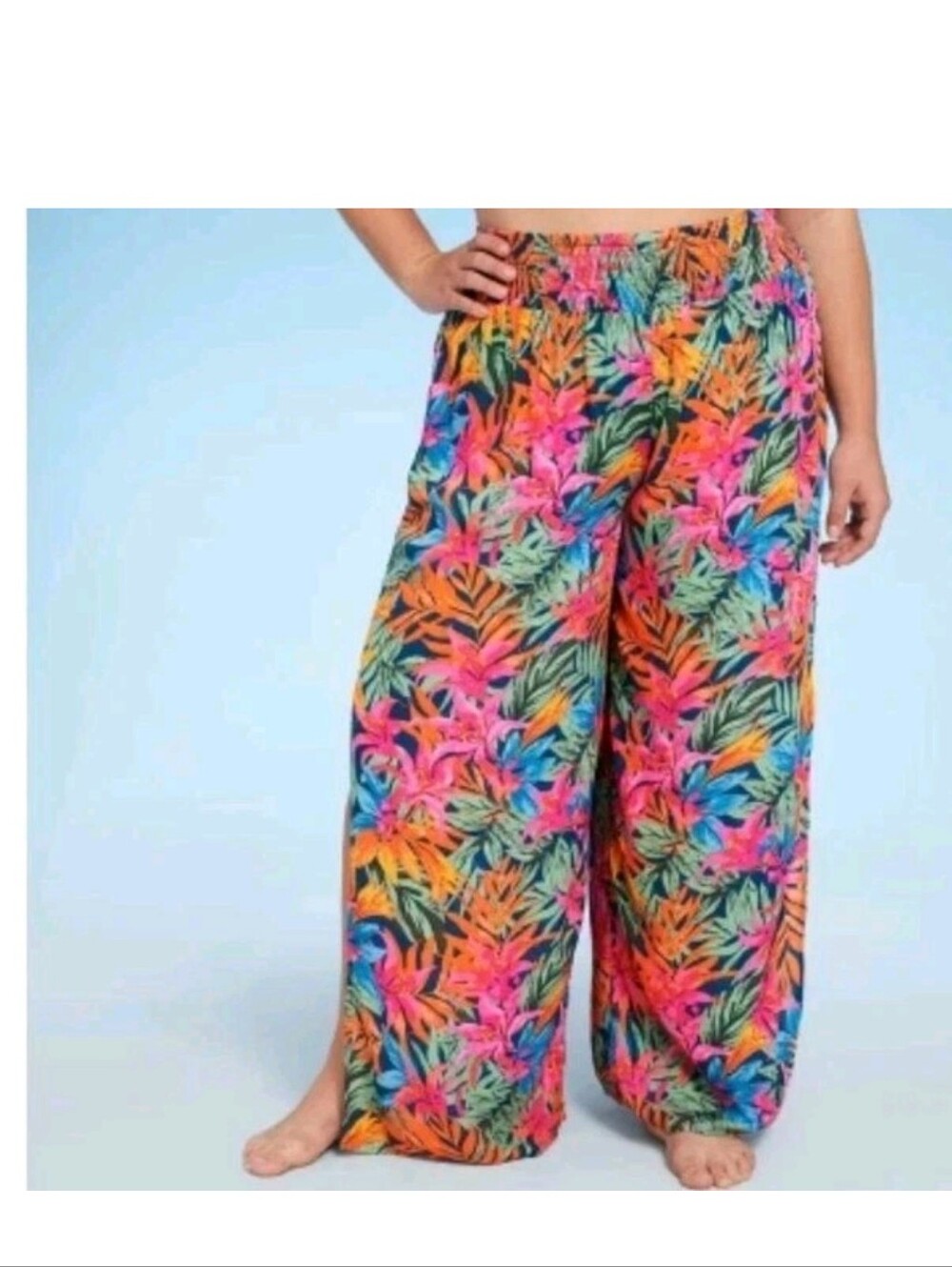 Shade & Shore Smocked Waist Beach Pants Tropical Coverup 3X Side Slits